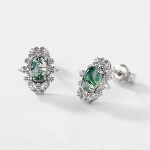 Exquisite S925 sterling silver stud earrings featuring green moss agate and zircon stones
