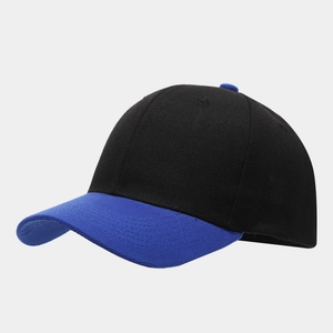 Detail view of two-tone baseball cap with black crown and vibrant blue curved visor