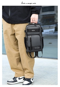 Detail of grey crossbody bag showing durable nylon texture and functional zipper pockets