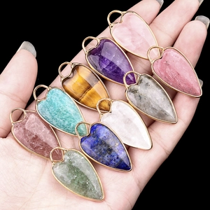 Heart Gemstone Pendants Gold Bezel Natural Stone Charms For DIY Jewelry Making Amethyst Tiger Eye Rose Quartz
