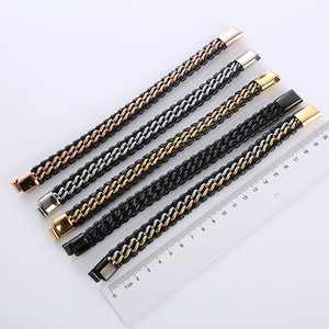 Braided leather bracelet for men with stainless steel chain and magnetic clasp in 5 colors
