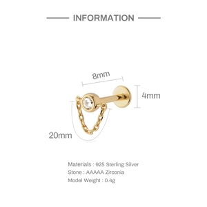 Detailed dimension guide for S925 sterling silver gold stud earring with chain and zircon