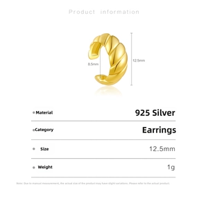 Detailed view of S925 sterling silver twisted ear cuff with dimensions 12.5mm and 8.5mm