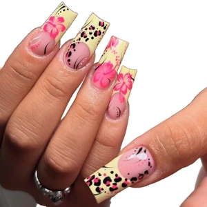 Long square fake nails with pink hibiscus flowers and leopard print patterns