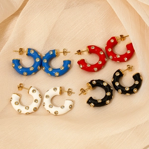Boucles D'oreilles Créoles En Forme De C En Acier Inoxydable Émail Strass Bijoux De Mode Géométriques Pour Femmes