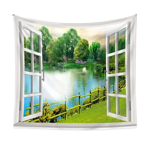 Detailed 3D landscape wall tapestry featuring a white open window view of a serene lake