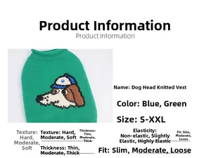 Detail of green knitted dog vest showing cartoon pattern and soft fabric texture