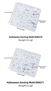 Detailed view of Halloween DIY silicone molds for skull and pumpkin earrings with size specs