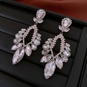 Elegant silver teardrop chandelier earrings with sparkling crystal rhinestones for women
