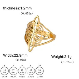 Double-layered stainless steel Celtic knot ring size chart with US sizes and dimensions