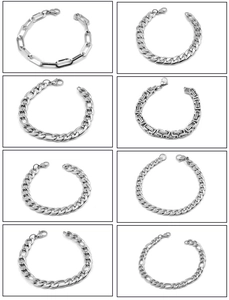 Detail showing eight types of silver stainless steel chain bracelets for men and women