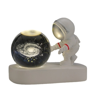 3D laser engraved galaxy crystal ball with cute astronaut resin base night light