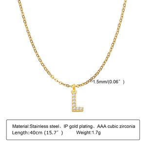 Detailed view of capital letter L pendant necklace with AAA cubic zirconia in gold plating