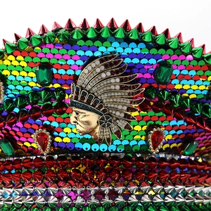 Rainbow sequin party hat with rhinestone eagle crest and punk metal studs for clubbing