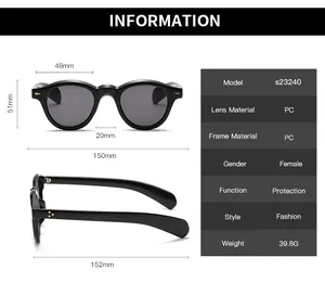 Detailed size chart for retro round sunglasses with precise frame measurements in millimeters