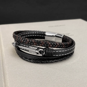 Men's multilayer woven leather bracelet with silver metal arrow and feather charms