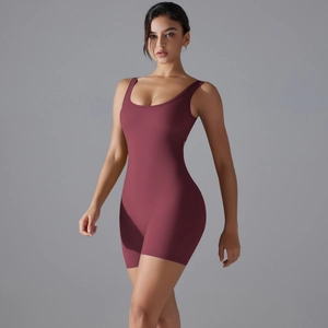 U-neck burgundy sports bodysuit with broad straps and slimming compression fit