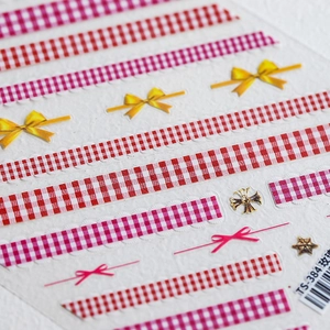 5D embossed nail stickers TS-384 with red plaid patterns and yellow bowknot designs