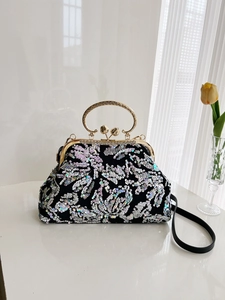 Sequin Evening Bag With Metal Tulip Handle Rhinestone Lock Retro Shell Handbag For Women Party Wedding Shoulder Purse