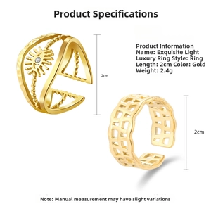 Detail view of 18K gold plated irregular rings with dimensions and weight specifications