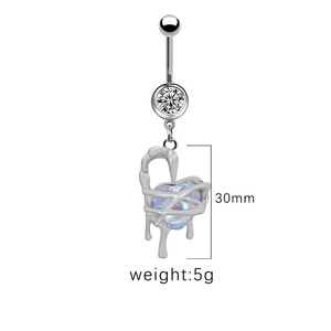 Detail view of silver scorpion belly ring with aurora heart stone, 30mm size and 5g weight