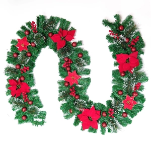 2.7m Christmas garland with red poinsettias, berries and pine needles for stairs decor