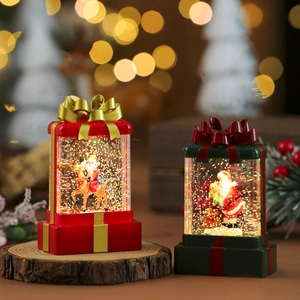 Luminous Christmas gift box snow globe lamps with Santa and reindeer on wooden base