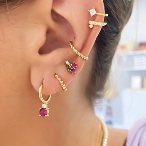 Gold-plated S925 silver needle hoop earring set with ruby and cherry-shaped zircon charms
