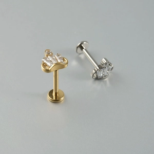 G23 titanium crown lip studs with sparkling cubic zirconia in gold and silver finish
