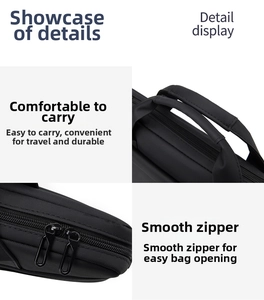 Detail of durable laptop bag handles and smooth double zippers on black nylon fabric