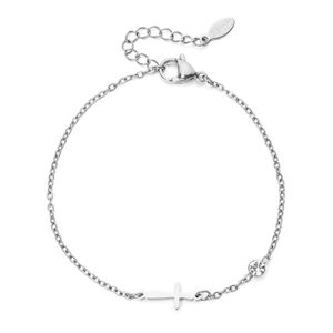 Detail of silver stainless steel bracelet featuring horizontal cross and sparkling zircon