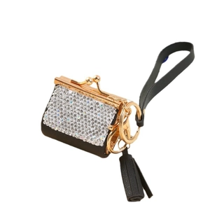 Luxury black coin purse keychain with rhinestones, golden hardware, and tassel detail