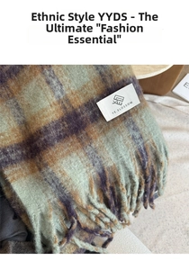 Close-up of thick plaid scarf texture with knotted fringe and vintage woven fabric details