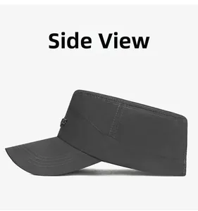 Detail view showing side stitching and metal logo on dark gray flat top military cap