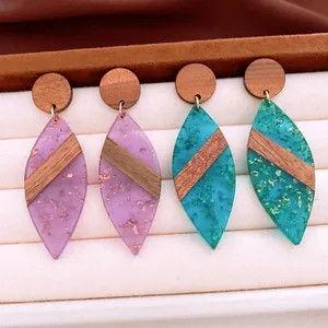 Orecchini Pendenti Foglia Geometrica Legno E Acrilico Con Foglia D'oro E Perno In Argento Sterling 925 Per Donna
