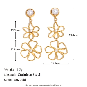 18K gold plated stainless steel flower earrings with pearls and dimensions details