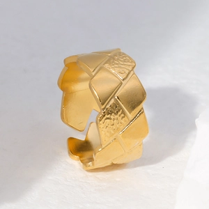 Adjustable wide 18k gold plated stainless steel ring with woven geometric texture