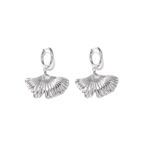 Elegant silver ginkgo leaf dangle earrings with polished finish on white background