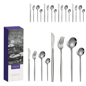 Detailed view of 24-piece stainless steel cutlery set with elegant blue gift box