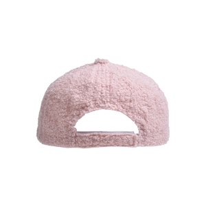 Back view of a pink sherpa baseball cap with adjustable strap closure
