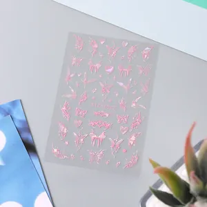 Detail of 3D holographic pink butterfly and star heart patterns on nail art sticker STZ-X042