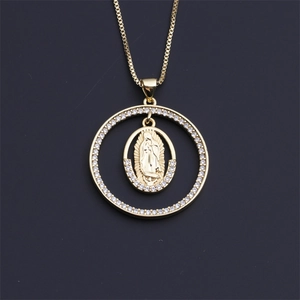 Golden necklace with Guadalupe Virgin Mary pendant featuring sparkling zircon halo inlay