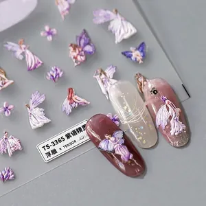 Stickers ongles 5D relief fées et fleurs violettes TS-3365 sur ongles manucurés mats