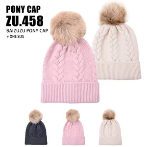Women Winter Beanie Hat Cable Knit Acrylic Warm With Faux Fur Pom Pom Cuffed Outdoor Fashion