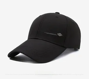 Side view of black baseball cap showing the SPORT logo and curved extended brim detail