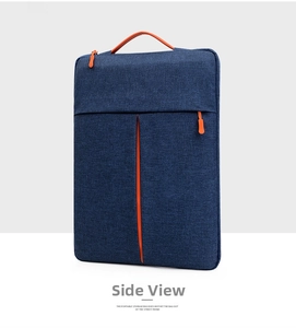 Side view of deep blue laptop sleeve with orange woven handles and texture detail