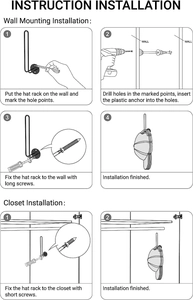 Instructional guide showing wall-mounted and closet installation for metal L-shaped hat racks