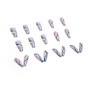 Long ballet blue and white ripple nails with silver glitter shards in 18 piece set
