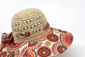 Detail of bohemian straw hat showing beige woven texture and colorful floral printed brim