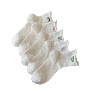 Five-pack women's mesh cotton crew socks with cute cartoon embroidery and rolled edges